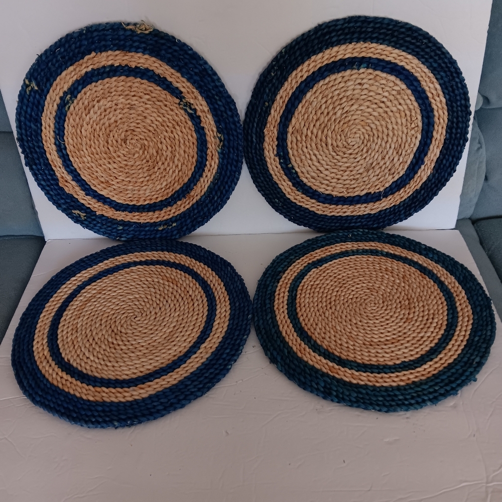 4 Round Straw Placemats with Blue and Natural 14 Inches Across
